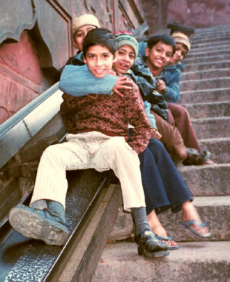 A stray girder on the mosque steps