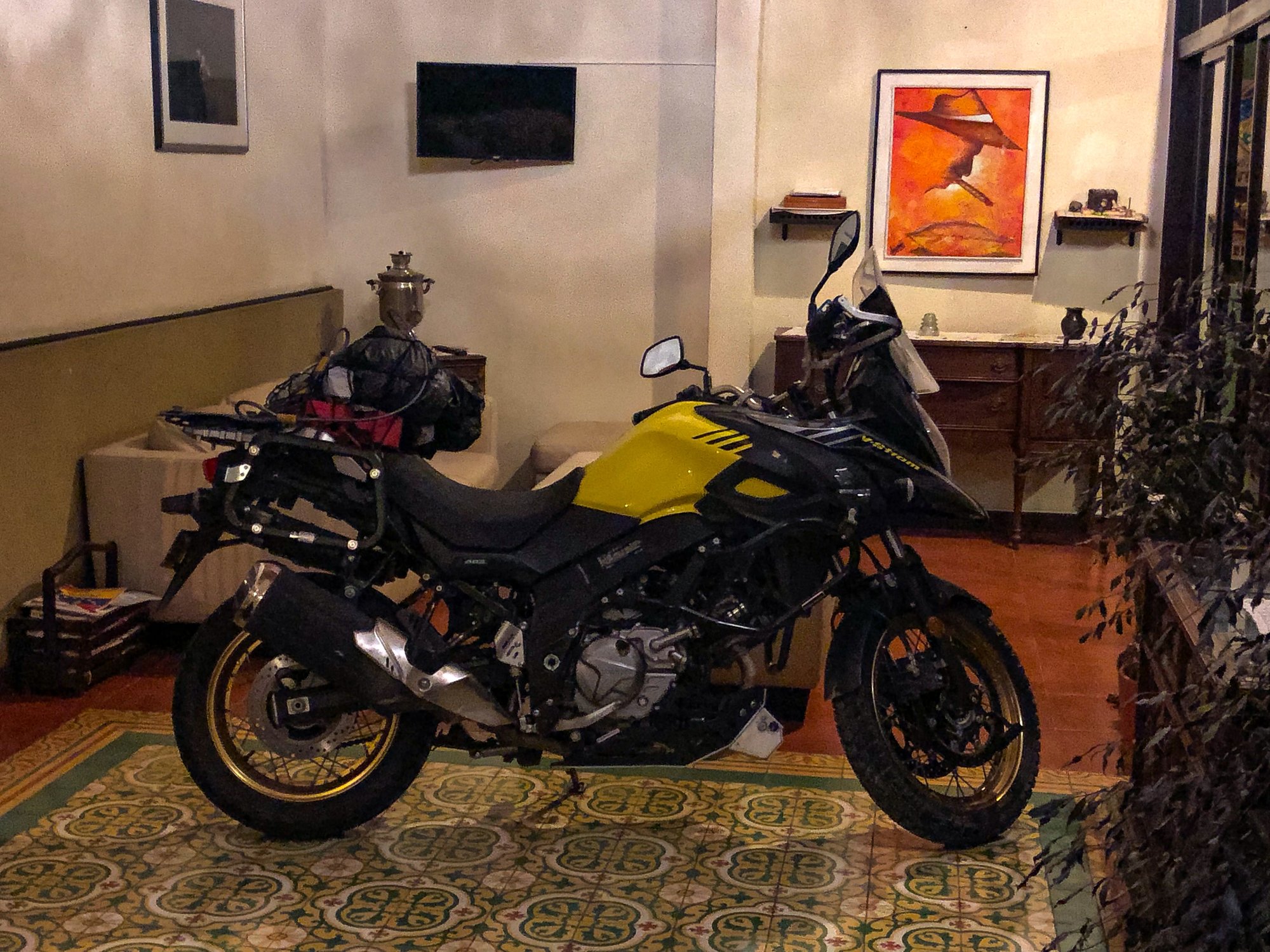 V-Strom 650 in hotel lobby 