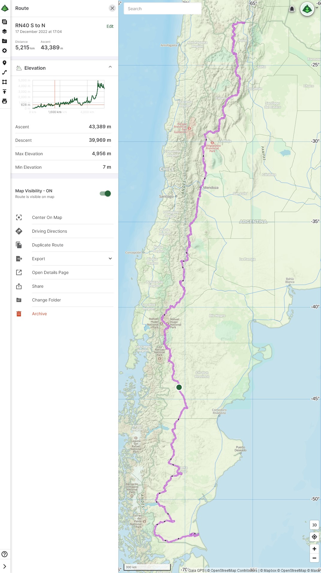 The complete route of "Ruta Quarenta", or Ruta 40, or RN40