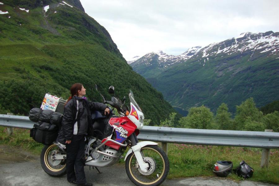 Imogen and the Africa Twin by Geiranger Fjord