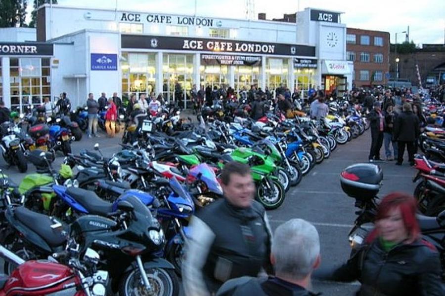 Dusk, and the car park is full About 750 bikes of every type arrived for an evening at the Ace Cafe