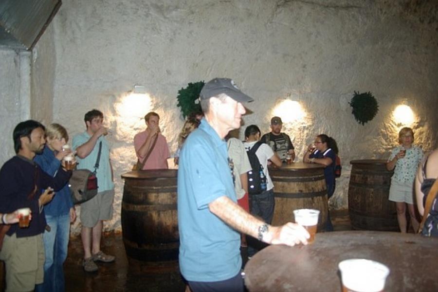 Mike in shorts and chilling off in the cellar