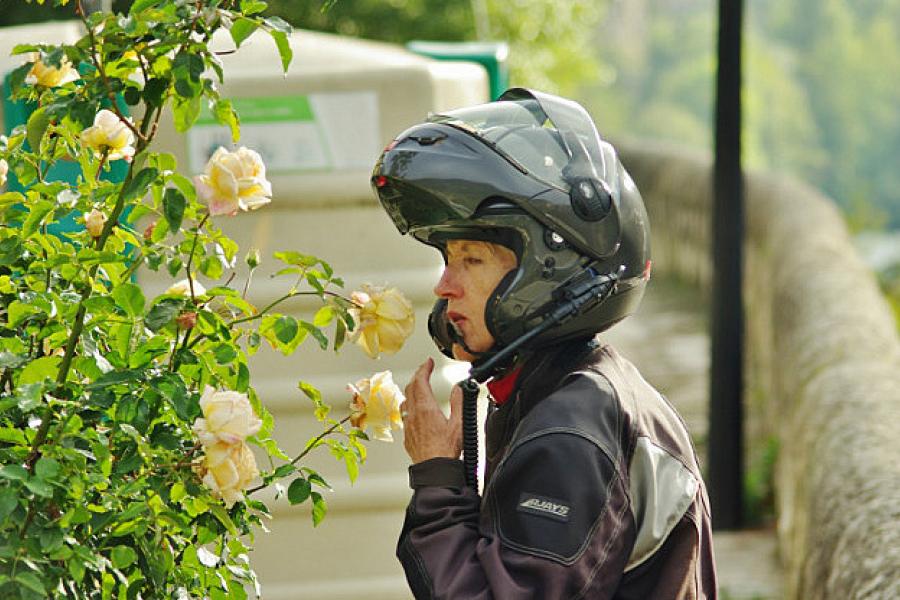 Smelling the roses at St Enimie, Gorges du Tarn