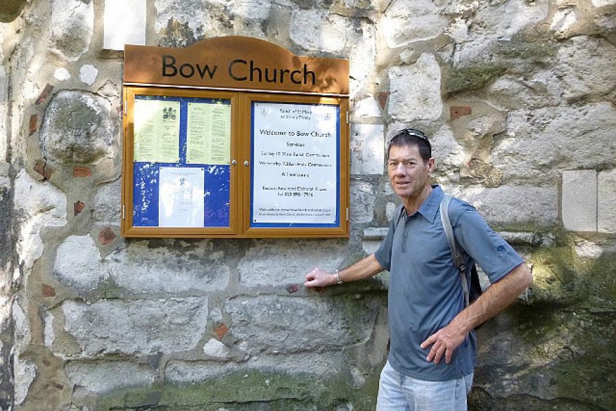 Mike looking for his Cockney Roots at Bow Church