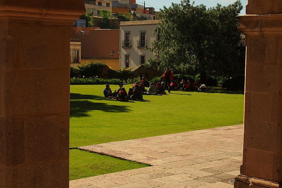 A school group visiting the mask museum