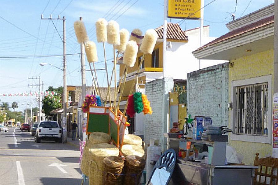 Broom salesman hawks his wares