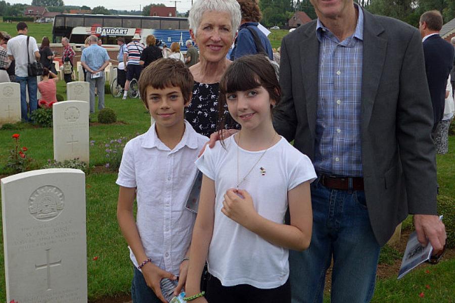 Jo, Mike and two local children at Fromelles