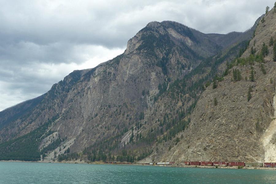 Train skirts the edge of Seton Lake near Lillooet