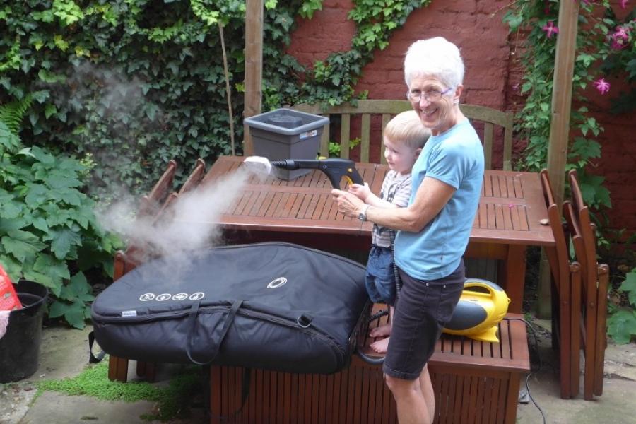 Jo and Conall with a steamer in London