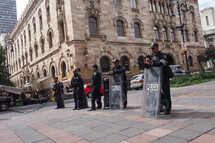 Bored police on standby for a demonstration