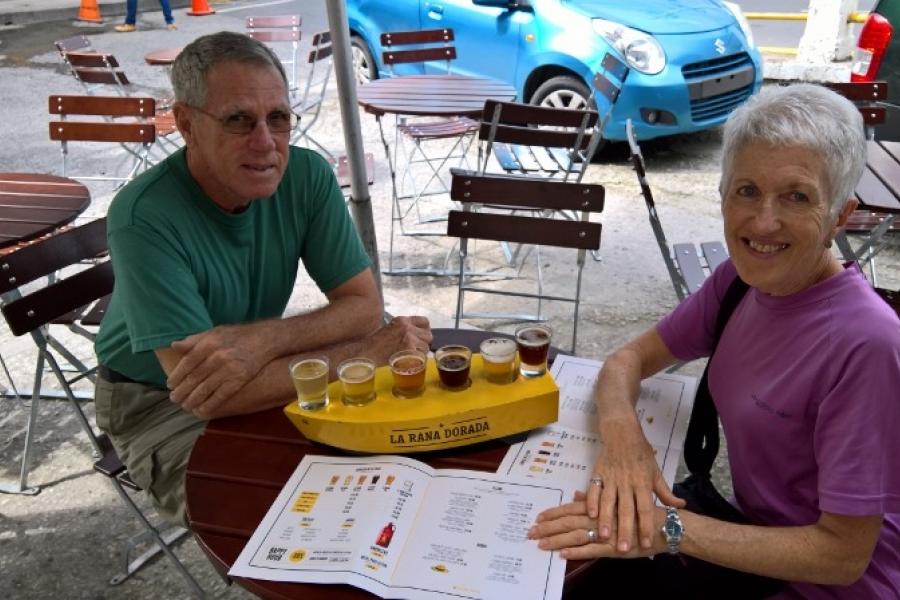 Jo and Roy select a beer at the Golden Frog