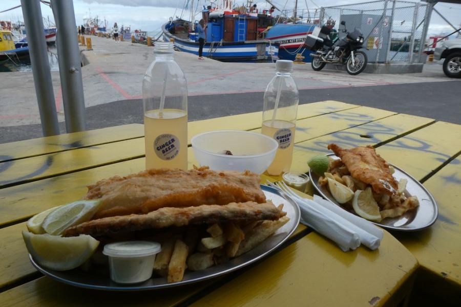 Boney snoek and chips with Guzzi in the background