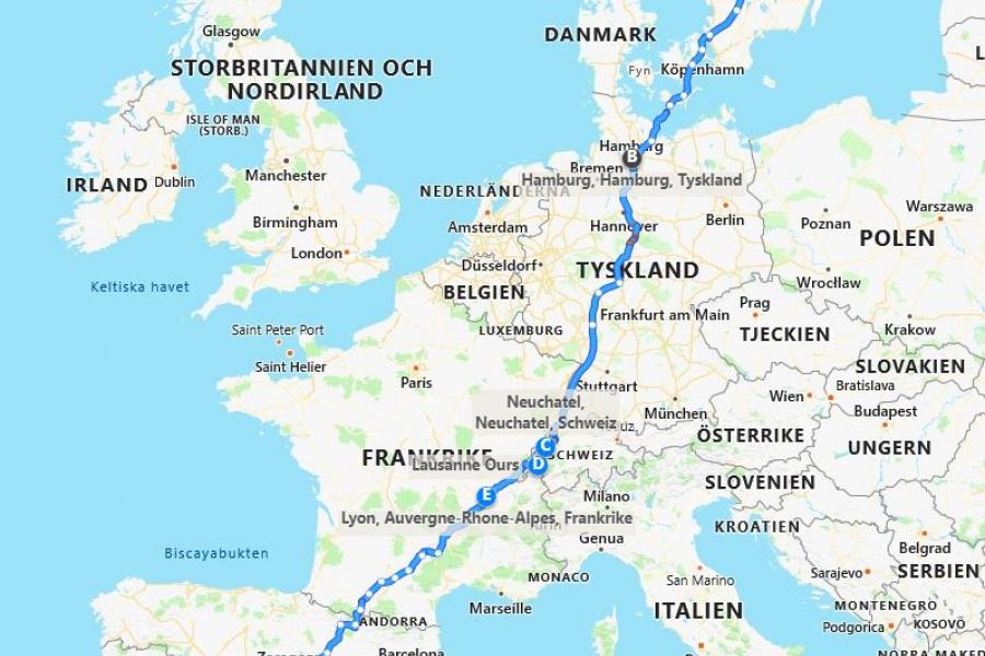 Tentative route. First half is rather set. But what way to take from Switzerland to Algarve is an open question. east coast of Spain? North coast and passing Santiago de Compostela ? Or??