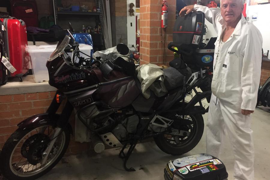 Preparing bike for storage at Errol Goodenough's house