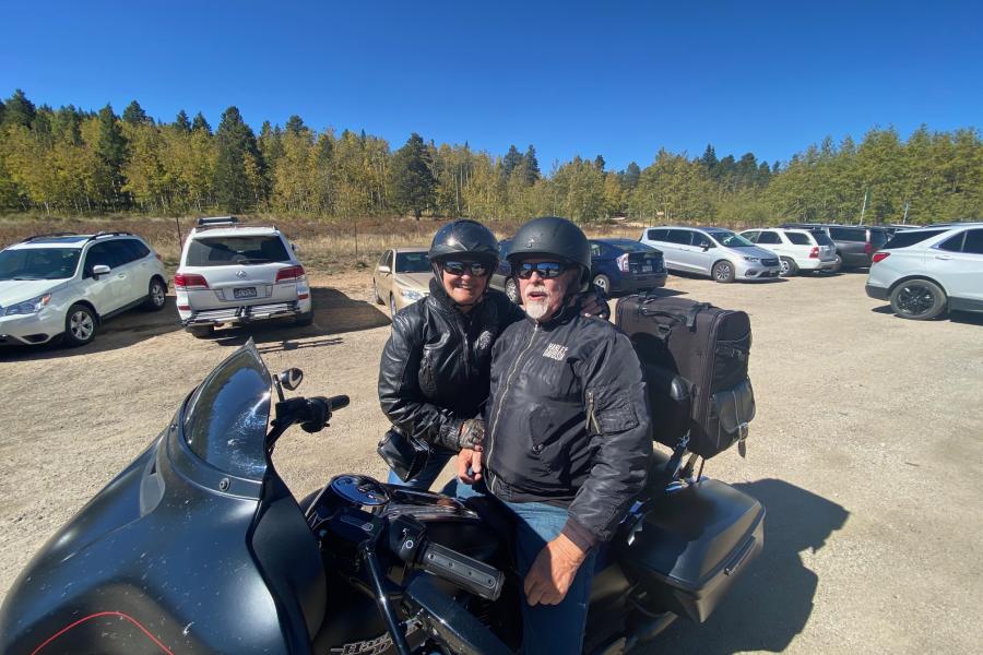 Two Hooligans!  My sister Donna and her partner Dennis.  Both are clothed head to foot in Harley Davidson branded apparel