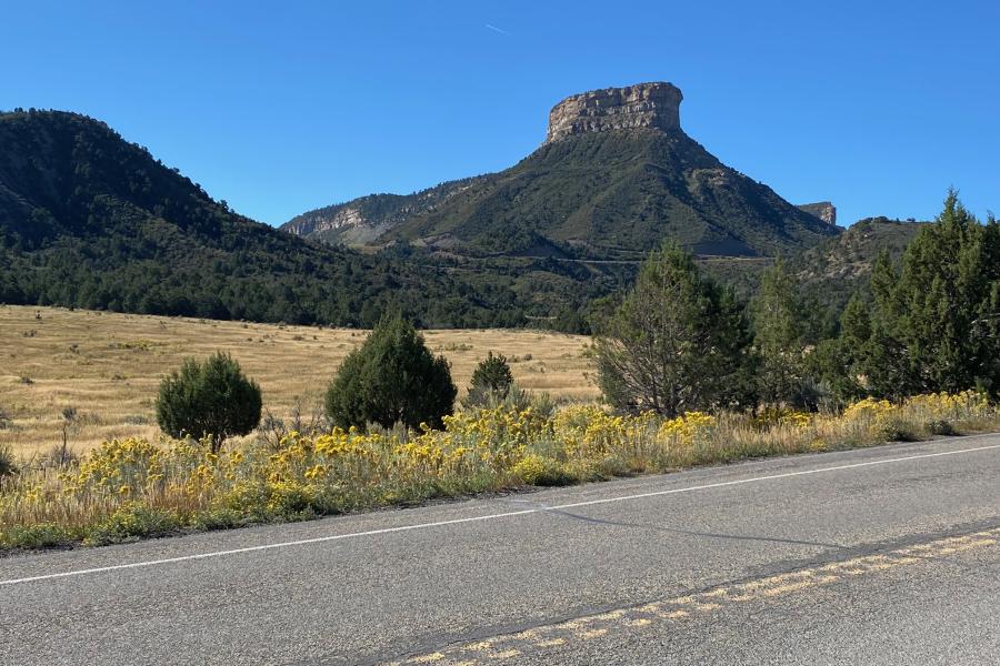 Mesa Verde as viewed from the highway to Cortez.  Look at the road at the base and how quickly it ascends