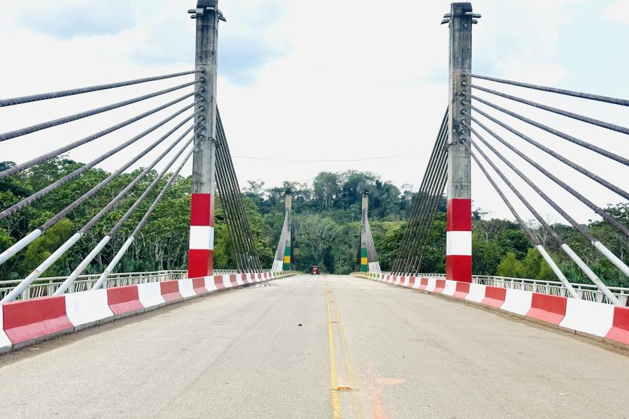 Red and white striped bridge