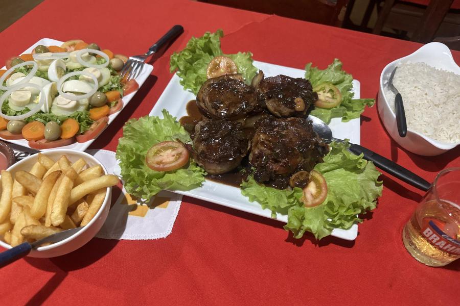 Steak, salad and potatoes