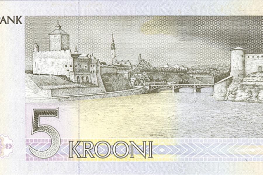 Estonian 5-kroon note (before the switch to the euro), depicting Narva Castle on the left and Ivangorod Castle on the right.