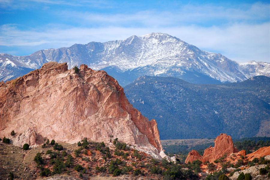 Pikes Peak dominates the backdrop of Garden of the Gods.