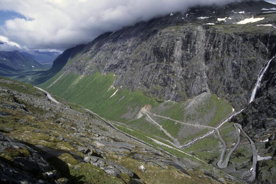 It's a VERY steep drop, the Trollstigen, from the top of the road, next switchback visible far left, photo by Grant Johnson