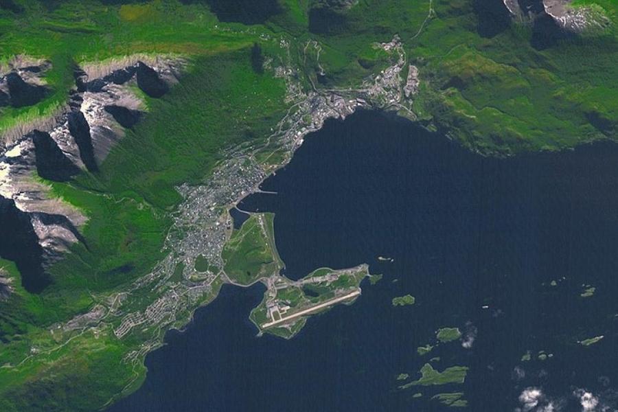 Aerial view of coastal Ushuaia, Argentina