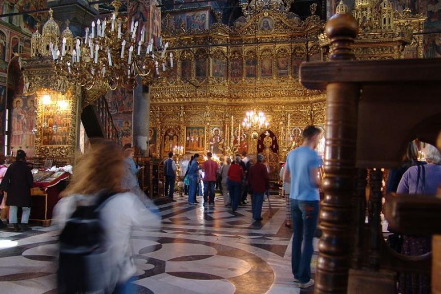 Visitors inside the Rila Monastery