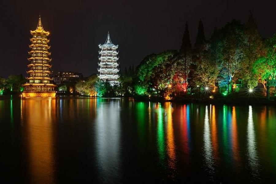 Night reflections of pagodas and lights, Guilin