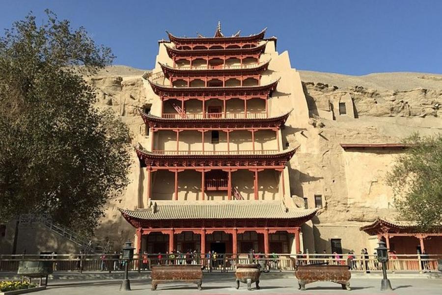 Visitors and entrance to the Mogao Caves