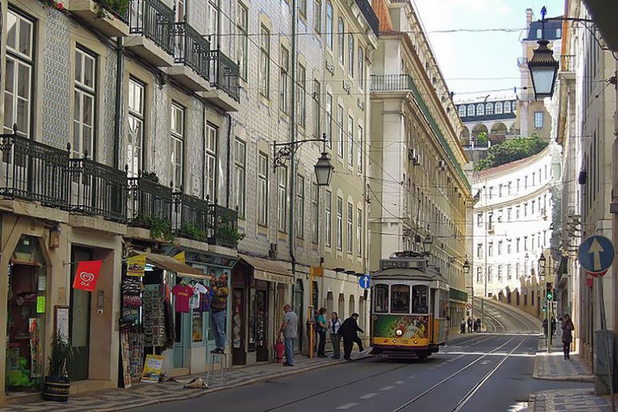 Lisbon Tram 28 in a quaint neighbourhood