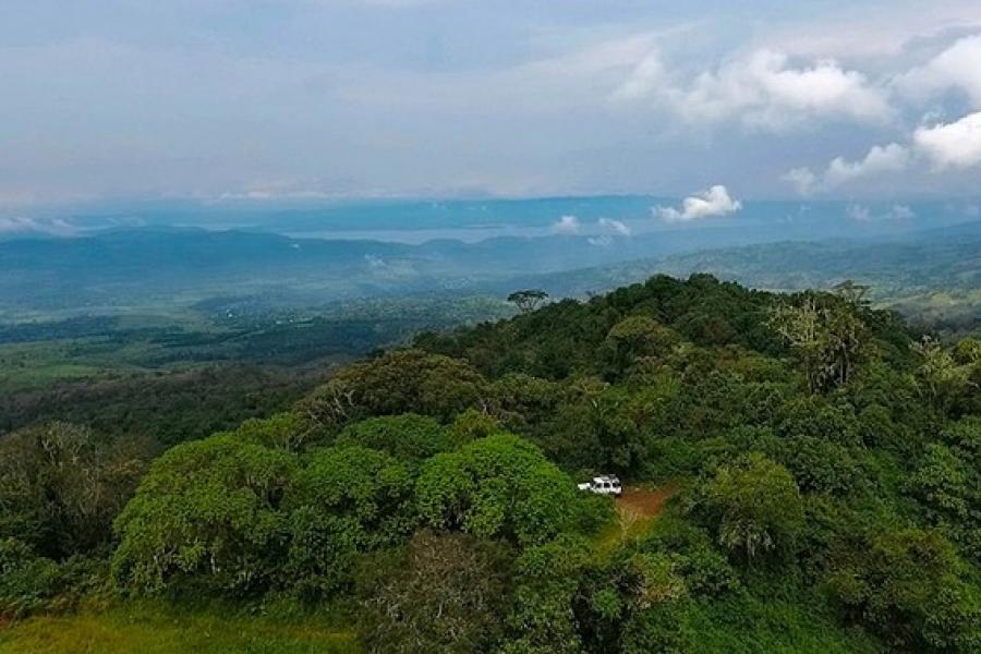 Aerial vista with small truck, Kahuzi-Biega National Park