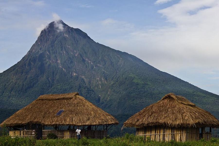 Patrol huts with mountain in background, Virunga National Park