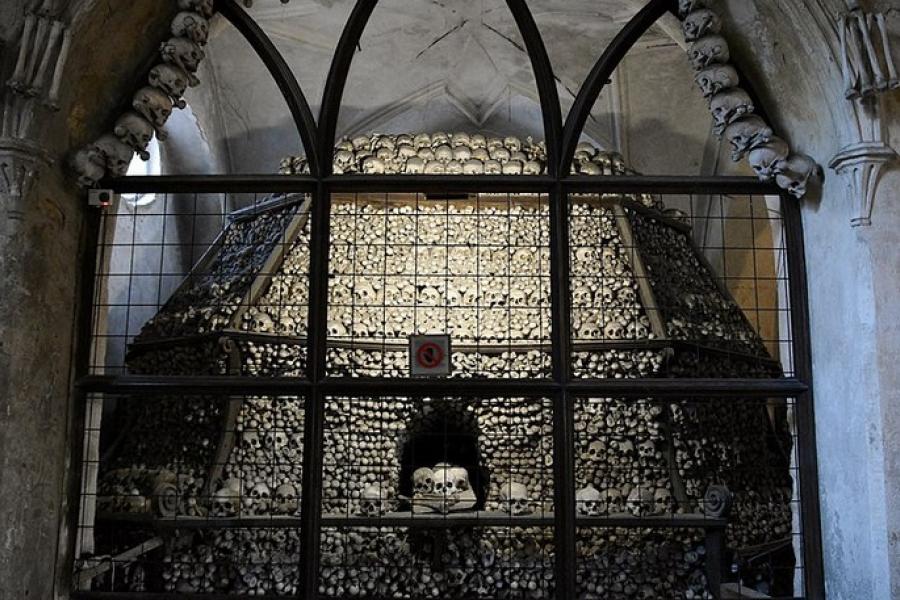 A display stack of skulls and bones, Sedlec Ossuary