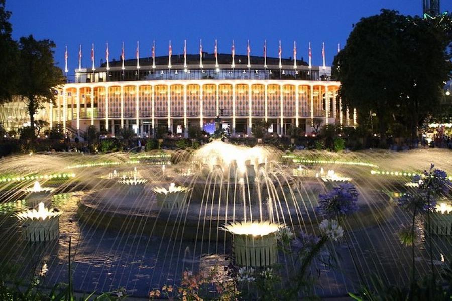 Fountain relfections and lights at night, Tivoli Gardens