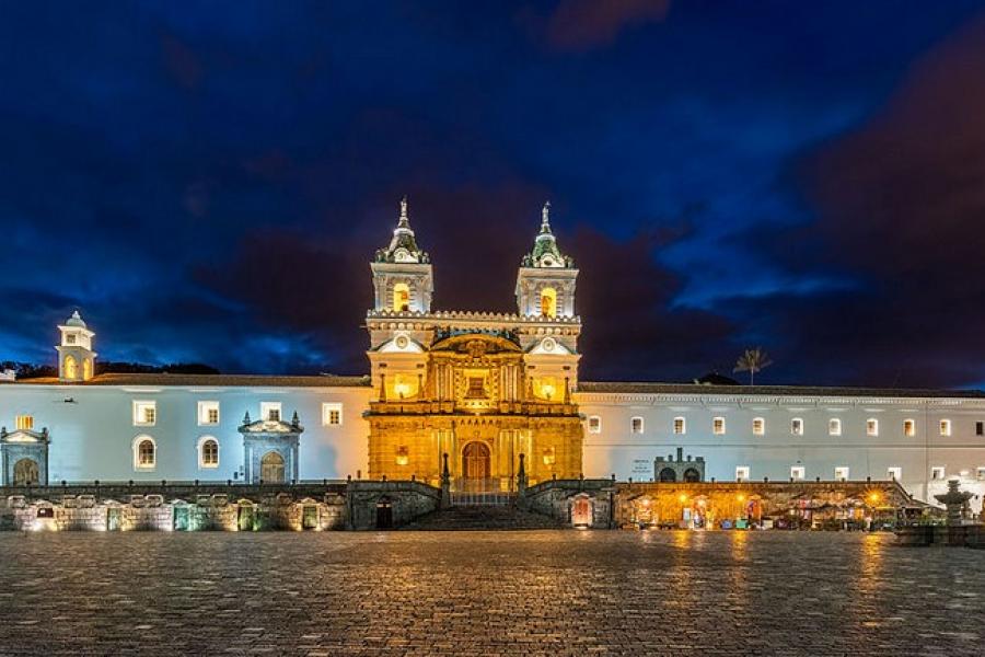 Night lights of the Church of San Francisco, Quito, Ecuador