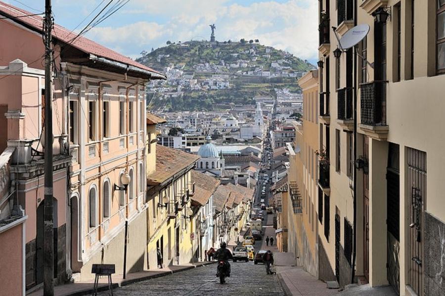 Glimpse to city hills from a sidestreet, Quito, Ecuador