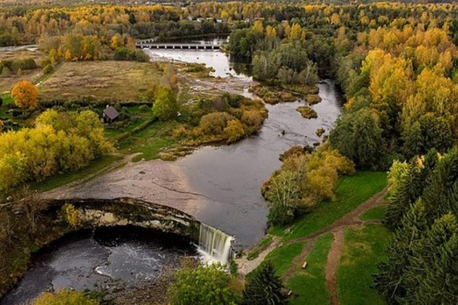 Aerial view of the Jagala River leading to the waterfall, Estonia