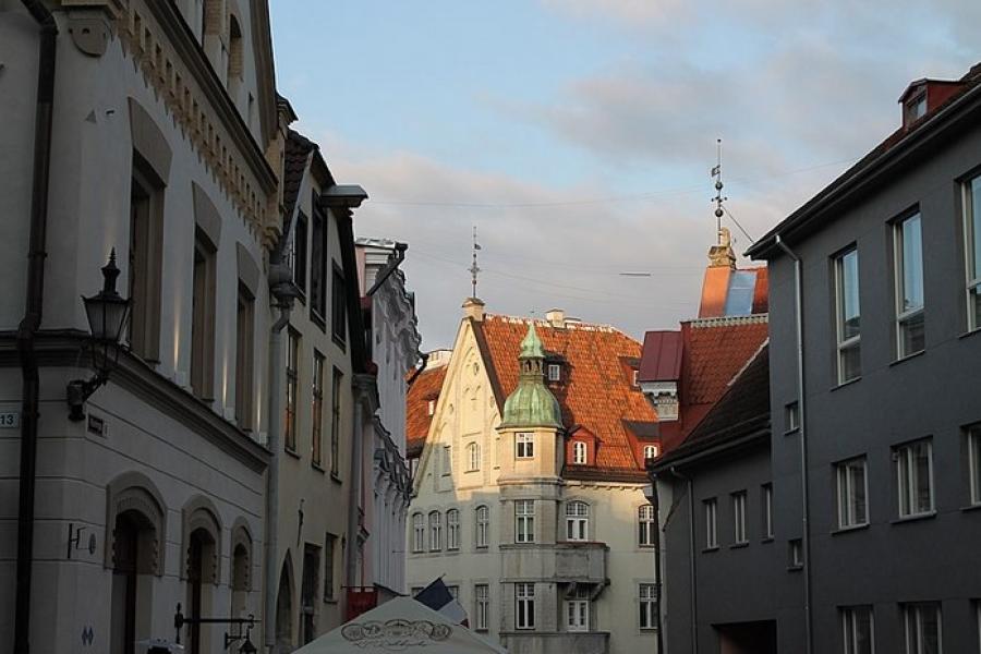 Evening sun glows off an old building, Old Tallinn, Estonia