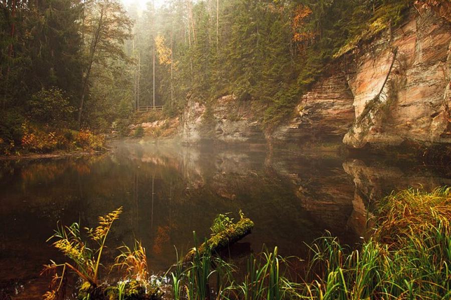 Sandstone bluffs in the autumnal glow, Taevaskoja, Estonia