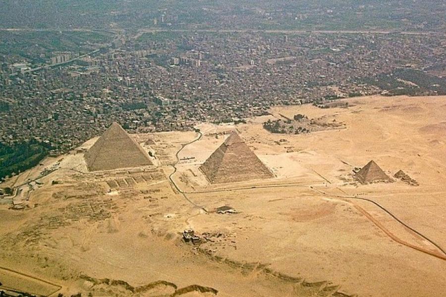 Aerial view of the three Pyramids of Giza, Egypt