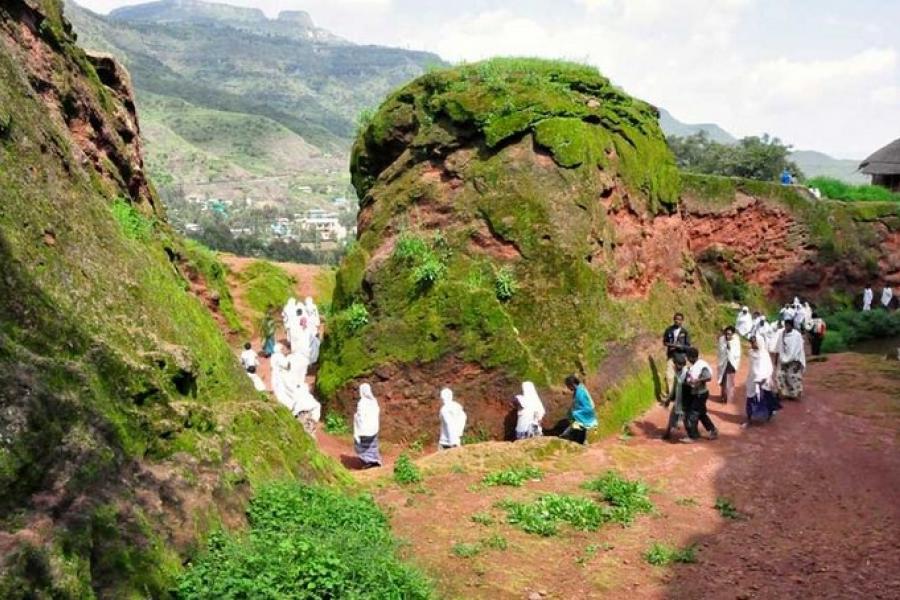 Congregation walking outside after service, Lalibela Churches, Ethiopia