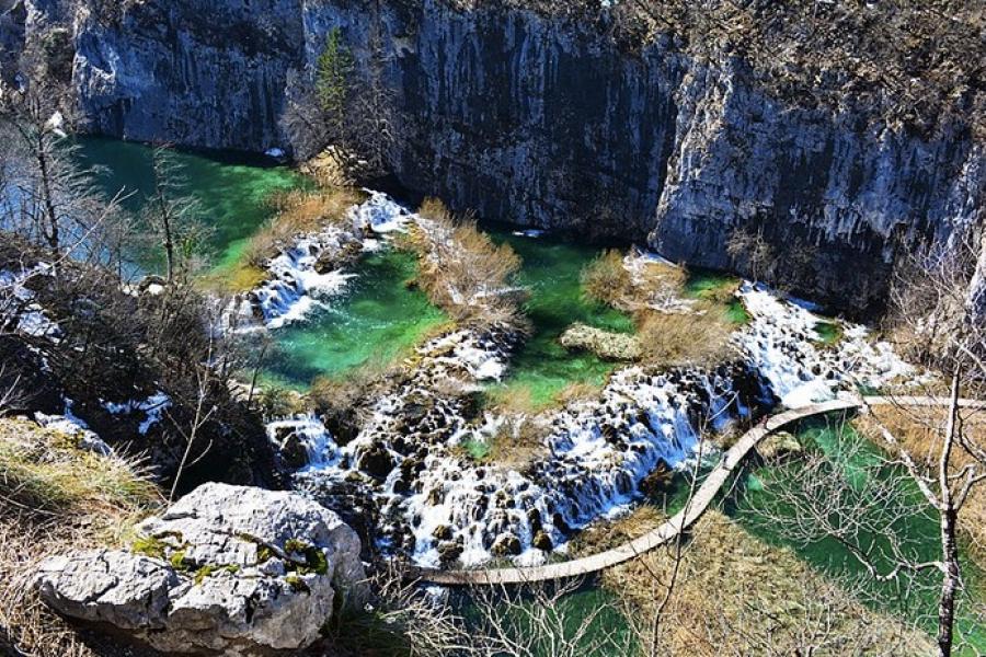 Aerial of walkway through water chutes, Plitvice Lakes NP, Croatia