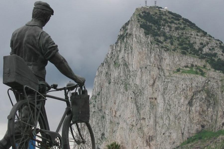 Memorial statue of bicyclist facing the Great Siege Tunnels, Gibraltar