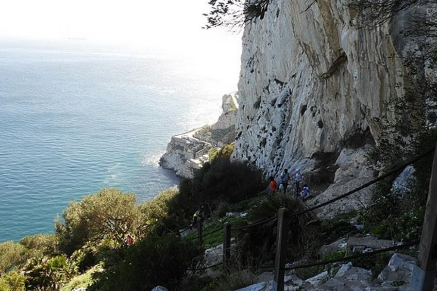 Visitors take in ocean views from the Mediterranean steps, Upper Rock of Gibraltar