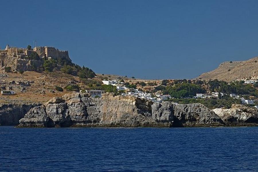 View from across the water to the Acropolis and town