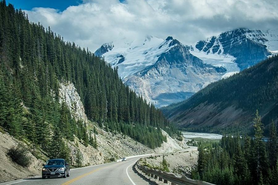 Icefields Parkway - Winding paved highway leading to snowy mountain peaks in the distance. Snow-free, dry, and forested at lower elevation.