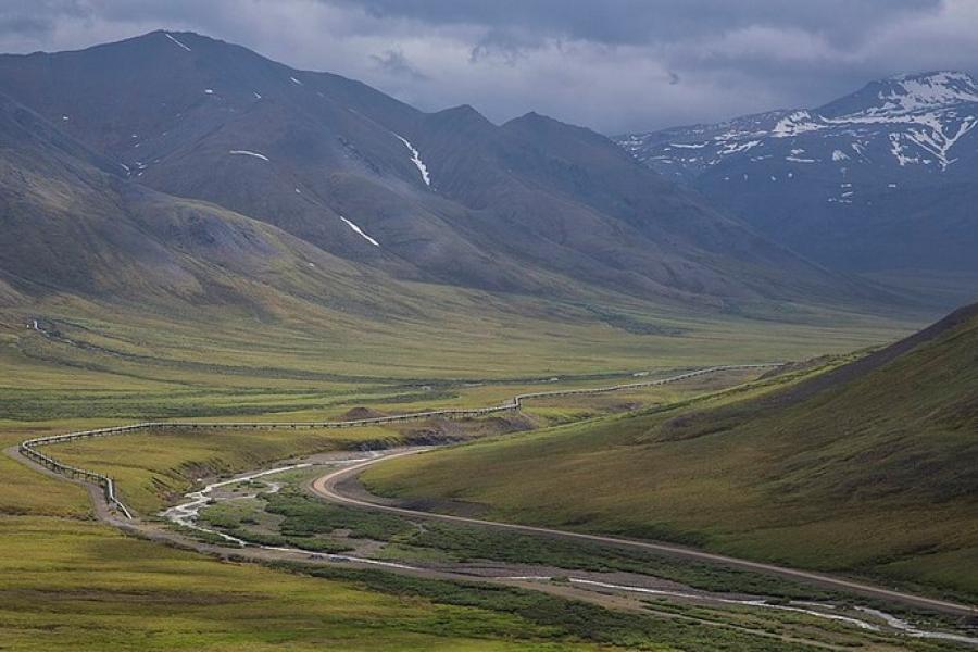 Dalton Highway - Long view to a green valley with a winding road.